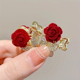 WENJESO Red Rose Rhinestone Hair Claw Set of 4, Small Size, Light and Luxury Design, For Princess Hair, Half Knot on the Back