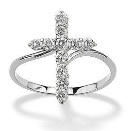 Savlano 18K White Gold Plated Round Cut Cubic Zirconia Vertical Cross Bypass Band Ring Women's Religious Ring (7)