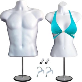 White Male + Female Mannequin Torso Set, Dress Form Hollow Back Body T-Shirt Display, w/ Clothes Clips, Metal Stand for Counter Top by DisplayTown for Craft Shows, Photos or Design, S-M Sizes.