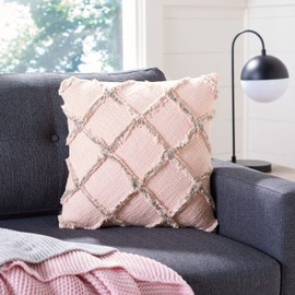 SAFAVIEH Home Collection Ashlin Beige/Grey Trellis Fringe 18-inch Square Decorative Accent Throw Pillow (Insert Included) PLS6526G-1818, 19"x19"