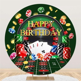 Polyester Diameter 6.5ft Round Casino Happy Birthday Backdrop Poker Dice Las Vegas Chips Gold Coins Photography Background Night Birthday Party Decor Banner Photo Booth Props