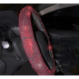 Fashion Car Ultra Bling Steering Wheel Cover with Sparkly Diamond Rhinestones, Gorgeous Accessory with Anti Slip Lining Extra Bling Especially Shiny Cat Exotic Universal (Red)