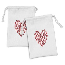 Lunarable Cat Fabric Pouch Set of 2, Heart Shape Dog Paw Print Funny Fashion Modern Animal Romantic Design Print, Small Drawstring Bag for Toiletries Masks and Favors, 9" x 6", Scarlet White