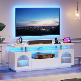 CABIHOME TV Stand for 65 Inch TV, Modern LED TV Stands for Living Room, Power Outlet & LED Lights White Entertainment Center with Storage Cabinet and Large Drawer, TV Console for Living Room, Bedroom