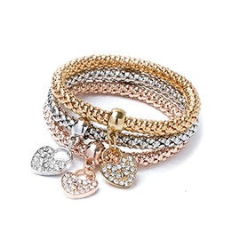 Women's Tri Tone Stretch Bracelet 3 Piece Set -heart