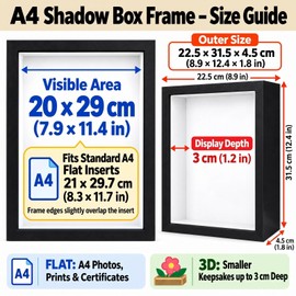Intckwan A4 Shadow Box Frame, 3 cm Deep Keepsake Display Case, Black