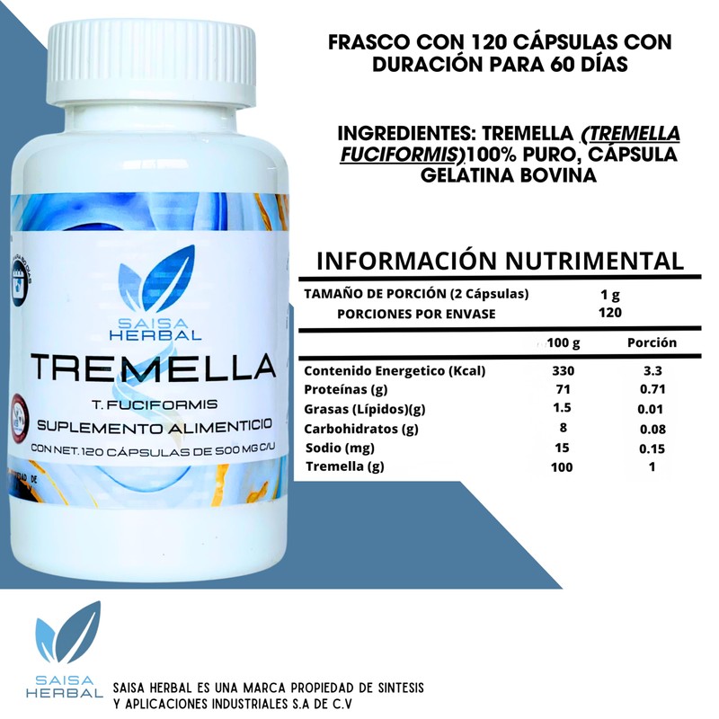 Hongo Tremella 100% Puro Con 120 Capsulas Saisa Herbal