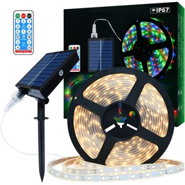 Solar LED Strip Lights Outdoor, 32.8ft 560 LEDs LED Strip IP67 Waterproof, Warm White LED Lights with Remote Solar Panel Control Box, 2835 SMD Rope Lights for Garden Trees Christmas Party Decor