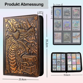 SogYupk 360 Seite Laden Trading Card Binder 9 Taschen Alben mit Reißverschluß 3D PU Leder geprägte Drachenkartenbücher Sammelkartenspiel Album für TCG MTG Pokmon Lorcana (Rotes Kupfer)