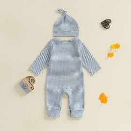 Tsnbre Newborn Baby Boy Clothes Little Bro One Piece Romper Jumpsuit Ribbed Knit Long Sleeve Striped Bodysuit with Hat (Blue, Newborn)