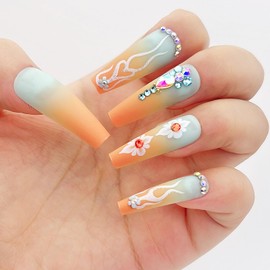 NGMATY Press On Nails Long Square Diamonds Gradient Cubic Camellia Orange Green Gradient White Edge Flame Pattern Fake Nails 12 Sizes 24 Pcs Gel False Nail Set