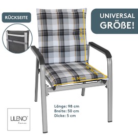LILENO HOME Garden Chair Cushions in Checked Grey [Set of 2 - Low-Back] - Comfortable Loungers as Seat Cushions for Garden Furniture - Chair Cushion for Garden Chairs and Folding Chairs