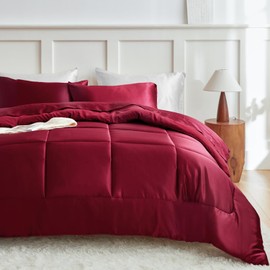 MR&HM Full Size Comforter Set Burgundy, Reversible Satin Microfiber Comforter Set for All Seasons, 3 Pieces Non-Slip Silky Soft Bedding Sets with 1 Comforter (82"x86") and 2 Pillowcases (20"x26")