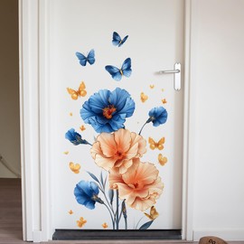 Blue Flower Wall Decals Peel and Stick Gold Peony Floral Wall Sticker Decor for Girls Bedroom Living Room Bathroom Nursery Removable
