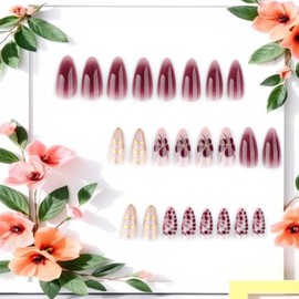 CJDLTS Flower Press on Nails Short Almond Red Floral Lines Pattern Design Gradient Acrylic Fake Nail Full Cover Glossy Almond Tip Artificial Fingernails 24Pcs DIY Press Ons Glue on Naisl for Women