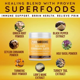Golden Milk Turmeric Latte with Organic Lion's Mane & Turkey Tail Mushrooms, Ceylon Cinnamon - Herbal Coffee & Tea Alternative - Stress Relief, Healthy Skin, Dairy-Free, Decaf, Made in Canada, 30 Serving