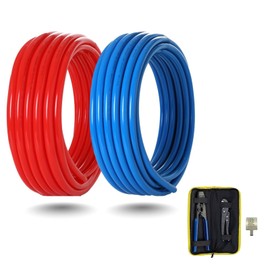 GUOFIS 3/4 Inch PEX-B Pipe/Tool Kit, 2 Rolls Blue & Red Each 100 Feet (200 ft) Length PEX Tubing Pipes, for Potable Water and Hot Water Applications,with Pex Cinch Clamping Tool, Pipe Cutter