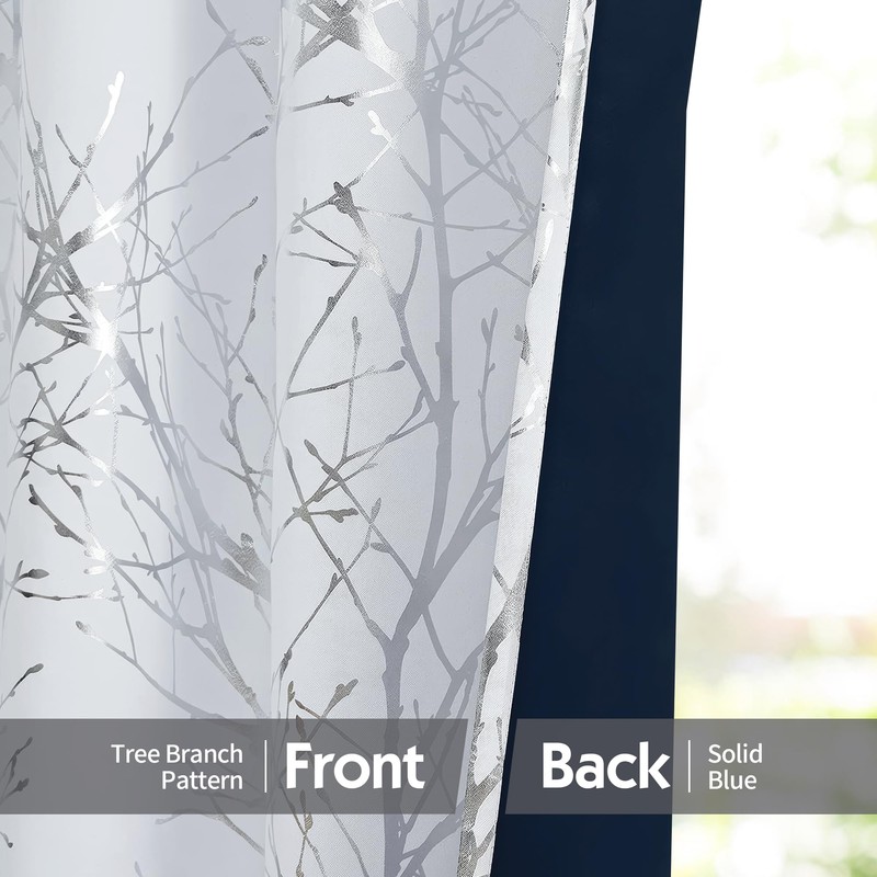 FMFUNCTEX 100% Blackout Curtains Siver Tree Branch Curtains for Living