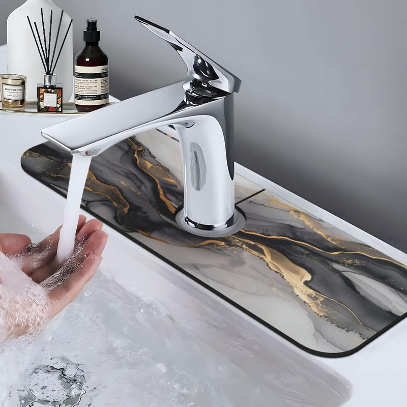 Faucet Draining Mat For Kitchen Sink, Black And Gold Marble