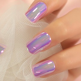 Chameleon Pink Purple Press on Nails, IKISKT False Nails Medium Short Squoval Fake Nails Full Cover Salon Reusable Fingernails Tips For Women Girls Wear Nail Art, Magic Pink Color