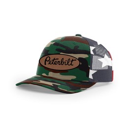 Maddmax Car Art Peterbilt Truck Logo Laser Engraved Leather Patch Richardson 112 Snapback Trucker Hat Cap Green camo Flag, Small-X-Large