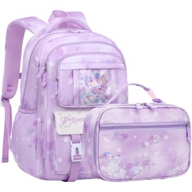 Wraifa Girls Backpack and Lunch Box Set - Sequin Backpack for Girls Elementary School Preschool Princess Kids Bookbag (Lunch Bag Set Purple)