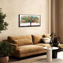 KREATIVE ARTS XLarge Abstract Canvas Wall Art with Black Floater Frame Colorful Trees Landscape Giclee Print Framed Artwork Modern Home Bedroom Wall Decor Large Nature Art Ready to Hang 24x48in