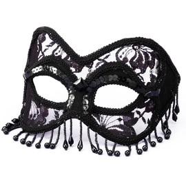 FORUM Venetian Style Black Masquerade Lace Half Mask with Sequins and Beads 58653