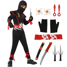Kitimi Onesie Ninja Costume Children Black Red 16 Pieces Ninja Carnival Children's Costume Set with Ninja Foam Accessories Katana Sword Ninja Costume for Boys Girls Cosplay Kung Fu Party Fancy Dress