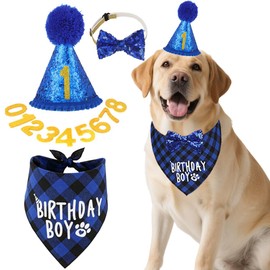AgoumLux Dog Birthday Party Supplies, Dog Birthday Bandana and Party Hat Set with Numbers Bow Tie Collar for Small Medium Large Pet,Blue, S