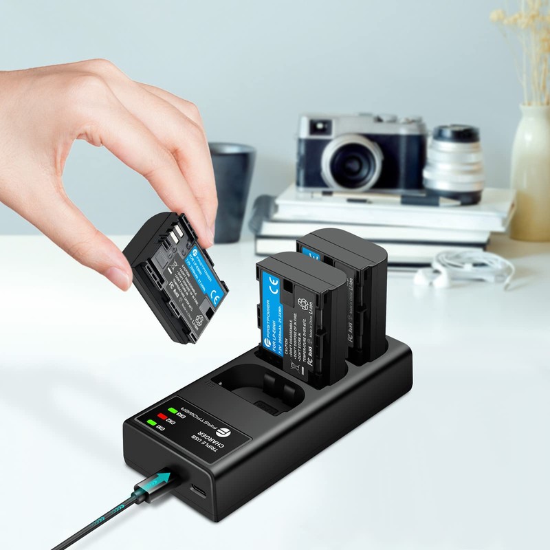 FirstPower LP-E6NH Battery 3-Pack and Triple Slot Charger Compatible with