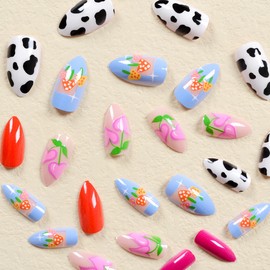 BABALAL Press on Nails Medium Almond Fake Nails Pink Heart Cow Print False Nails With Love Squoval Blue Mushroom Cute Stick on Nails Glossy Acrylic Glue on Nails 24Pcs Nails Press ons
