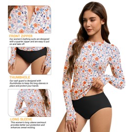 Women's Rash Guard Swim Top Long Sleeve Bathing Suits Modest Athletic Surf Swimwear, Orange Flower S