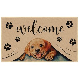 Welcome Cute Dog Door Mat, Cat Footprint Non Slip Entrance Floor Mat, Labrador Puppy Decor, 29 x 17 Inch Rubber Kitchen Doormat for Indoor Outdoor Holiday Decoration
