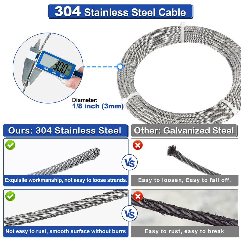 TooTaci 1/8 Stainless Steel Cable, 50ft 1/8 Steel Wire Rope