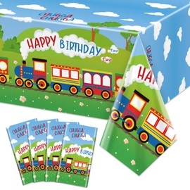 4 Pcs Chugga Chugga Two Two Party Tablecloths, Train Birthday Tablecloths Train Table Cover for Baby Shower Transportation 2nd Birthday Party Decorations Train Birthday Party Supplies, 51 x 86 Inch
