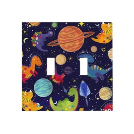 Ocean Blue Cute Cartoon Dino Kids Dinosaur 2 Gang Double Toggle Outlet Light Switch Wall Plate Outlet Cover Astronaut Universe Galaxy Outer Space Planet Nebula Boys Electrical Faceplate Switchplate