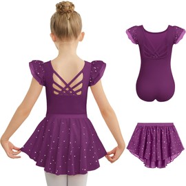 Zaclotre Ballet Leotards for Girls Toddler Ruffle Sleeve Crisscross Back Dance Dress Outfit with Removable Skirt Combo Dark Purple