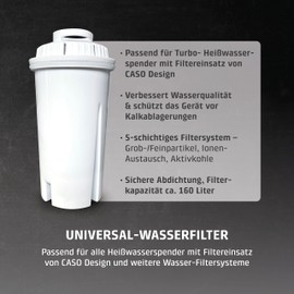 CASO Replacement Water Filter (Set of 3) - For Hot Water Dispensers, Improving Water Quality, Reducing Limescale, Chlorine and Pollutants, 5-Layer Filtration Principle