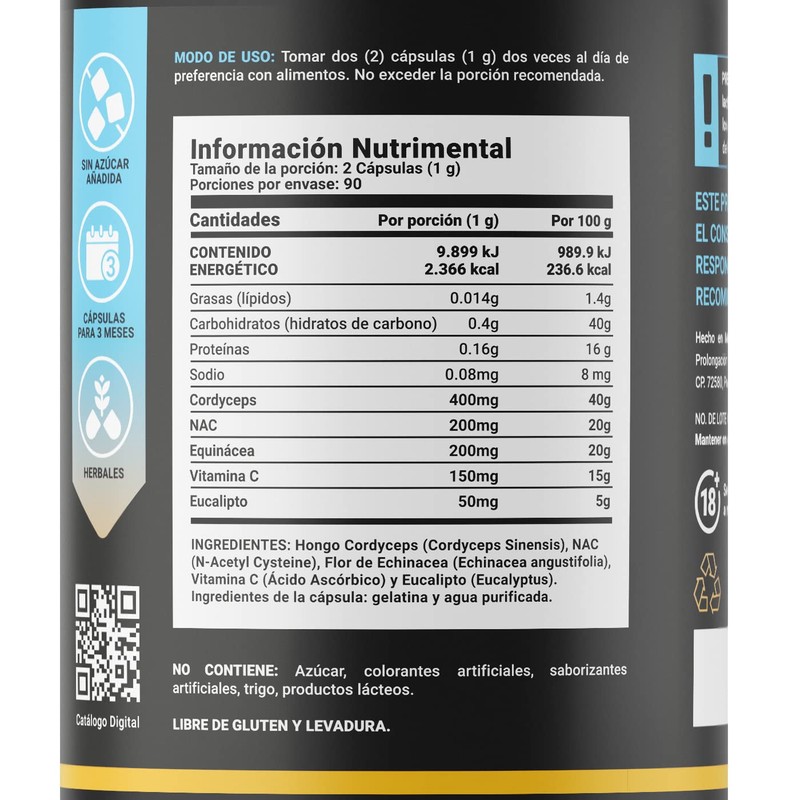 Bronk Blend de 180 Cápsulas. Ingredientes naturales: Cordyceps, NAC, Echinacea,