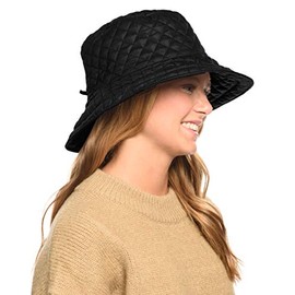 Foldable Water Repellent Quilted Rain Hat w/Adjustable Drawstring, Bucket Cap (BLACK)