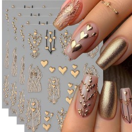 4Sheets Heart Nail Decals for Nail Art Self-Adhesive Bronzing Heart Stickers 3D Golden Heart Tree Nail Art Stickers Fall Nail Design Manicure Nail Sliders Supplies for Women Decoration