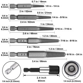Kigauru 6Pcs Damaged Screw Extractor Set Steel Screw Remover 1/4 Inch Hex Shank Fine Thread Bad Screw Stud Remover Easy Out Stripped Screw Extractor Kit with 60mm Length Magnetic Extension Bit