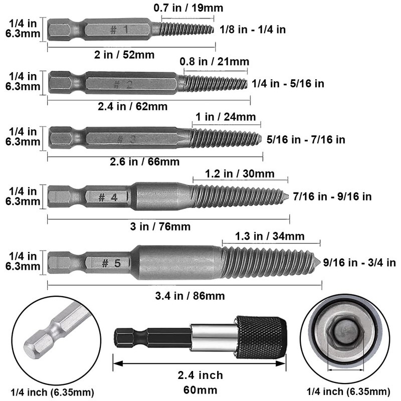 Kigauru 6Pcs Damaged Screw Extractor Set Steel Screw Remover 1/4