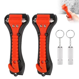 Hsyadazi 2 Stück Auto Notfallhammer Set - Sicherheitshammer mit Fensterbrecher & Gurtschneider (2 in 1) + 2 Trillerpfeifen - Für PKW, LKW, Bus - Rot