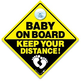 Baby on Board Yellow and Black Keep Your Distance Warning Car Sign with Suction Cup 14cm x 14cm