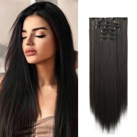 XFSRG Clip-In Extensions, Natural Soft Synthetic Hair Extensions, Straight, Full Head, Like Real Hair, Hair Extension for Women (Natural Black)