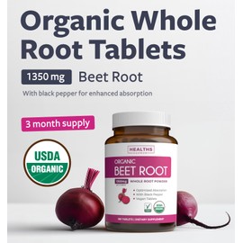 Organic Beet Root Powder Tablets - Extra Strength Beet Supplement with Black Pepper Extract for Enhanced Absorption to Support Heart Health Nitric Oxide Production & Athletic Performance (3 Months)