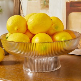 Neoflavie Glass Fruit Bowl,Large Decorative Glass Bowl,Decorative Pedestal Bowl for Fruit Snacks Candy,Fruit Bowl for Kitchen Counter Decor,Home Decor,Table Décor (Clear Ribbed Texture)