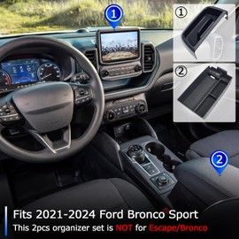 TOPINSTALL New Tray 2PCS Set Compatible with 2021-2024 Ford Bronco Sport Accessories, Armrest Storage Console Organizer Dash Tray Insert Phone Holder (Not for Escape & Bronco & 2025 Dashboard)